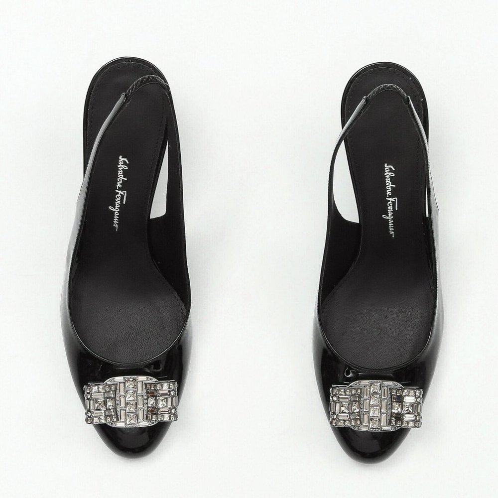 Salvatore Ferragamo Sernio Black Patent Leather Slingback Pumps - Size 7.5 B - Picture 5 of 6